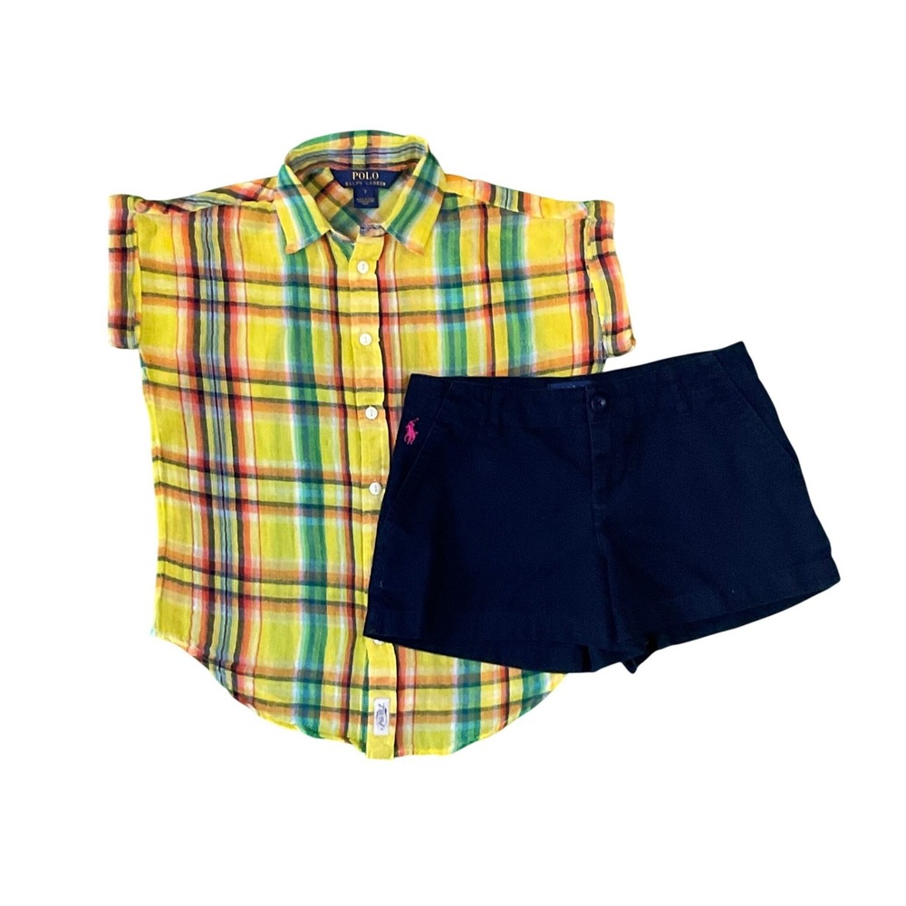 Polo Ralph Lauren Girls 7 Plaid Button Down Shirt and Navy Chino Shorts Set